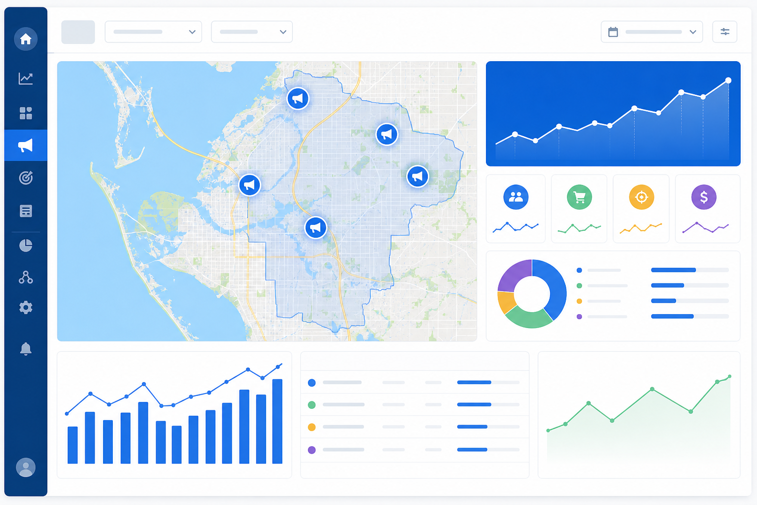 Google Ads campaign dashboard displaying Bradenton, Florida map with PPC ad placements, conversion metrics, and cost-per-lead data