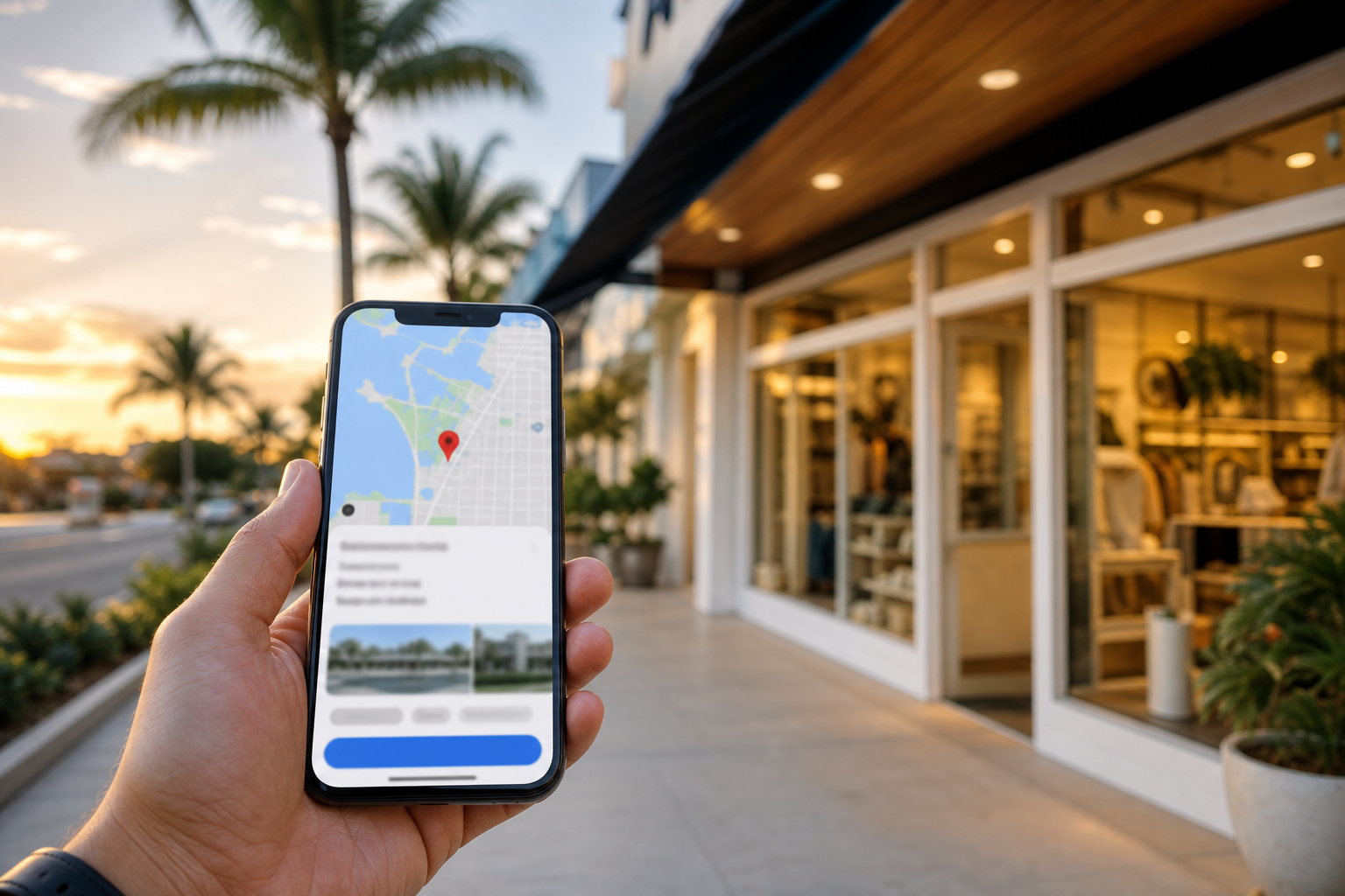 Bradenton storefront at golden hour with a smartphone showing Google Maps directions.